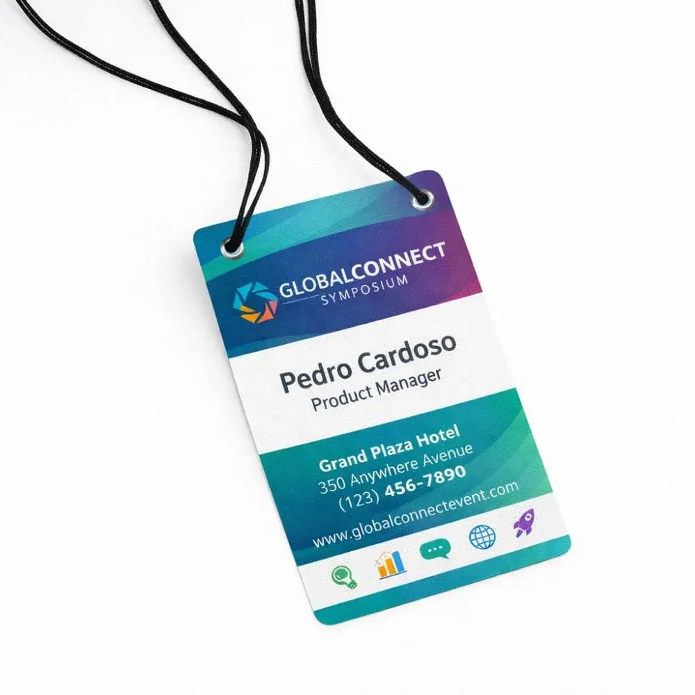 Credencial de evento 10 x 14 cm em Papel 300G com cordão barbante (100 Unidades)